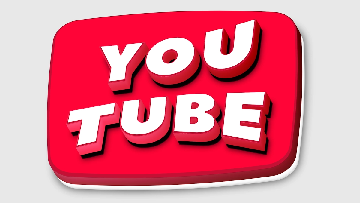 نص ثلاثي الأبعاد أبيض على شريط أحمر في أسلوب زر YouTube